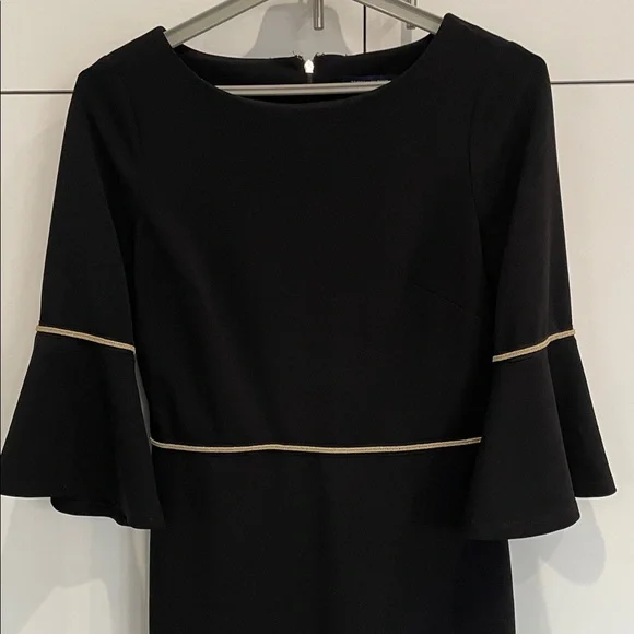 Tommy Hilfiger Women's 3/4 Bell Sleeve Elegant Black Dress With Gold Trim - Picture 2 of 16